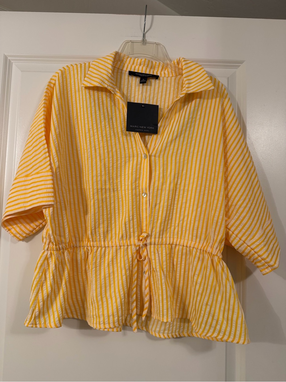 Marc New York Yellow and White Striped Peplum Drawstring Button Front Top